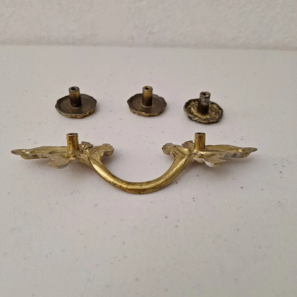 Vintage Antique MCM Ornate Solid Brass Drawer Pulls Door Handles, Set of 3